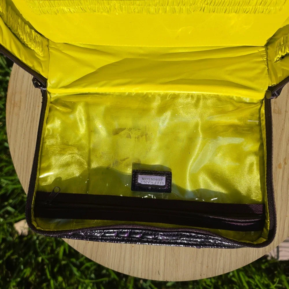 Stephanie Johnson Purple Croc Embossed Cosmetic Case Neon Yellow Interior Travel